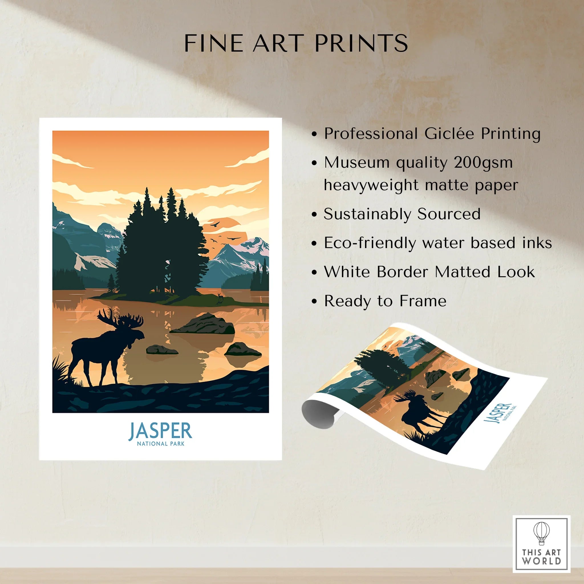 Jasper National Park art print with moose, lake, pine trees, and mountain silhouette at sunset.