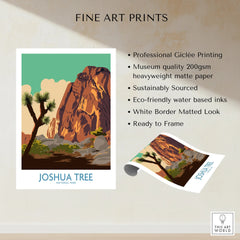 Joshua Tree National Park print with desert landscape and large rock formations, fine art poster.