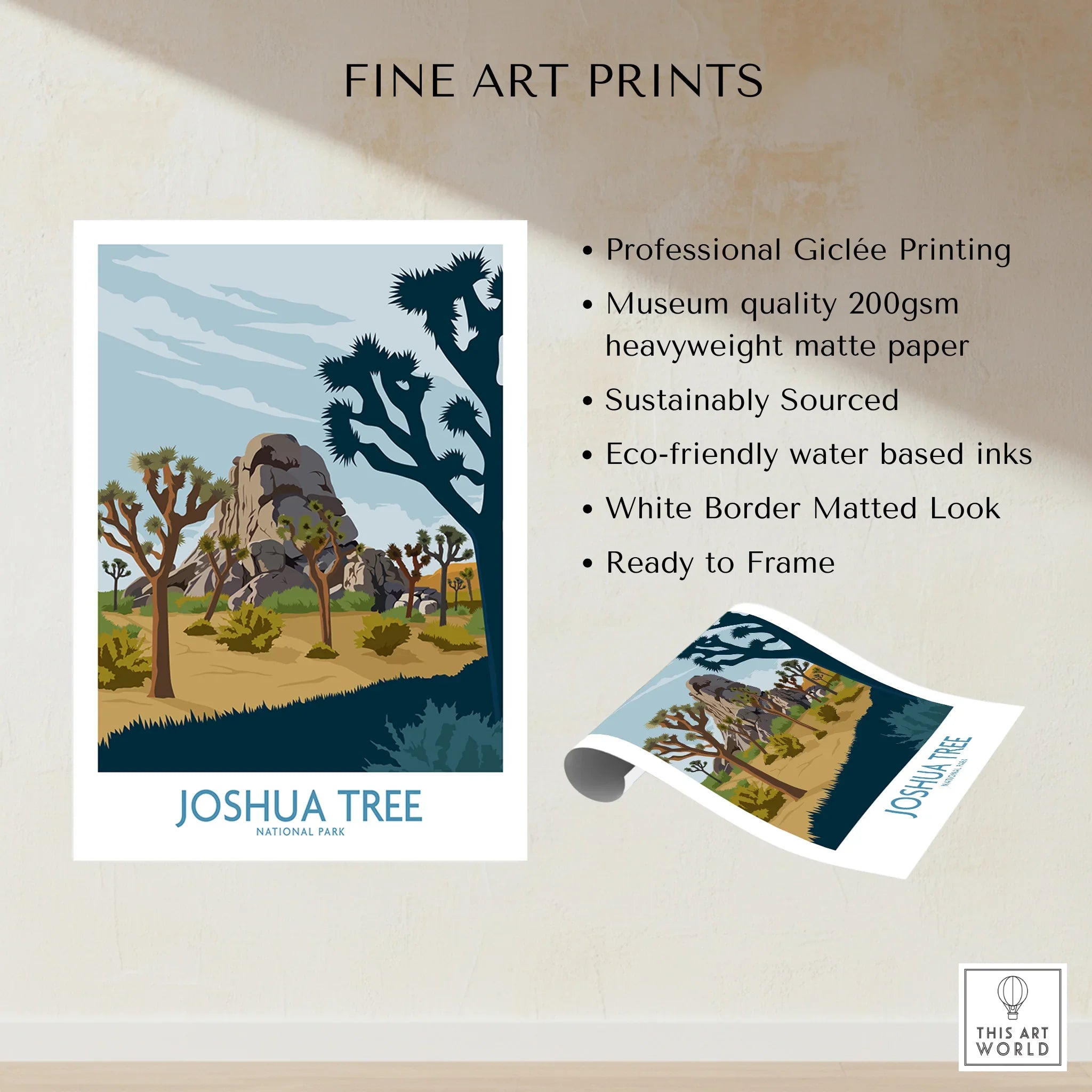 Joshua Tree National Park fine art print with desert landscape and iconic trees, unframed.