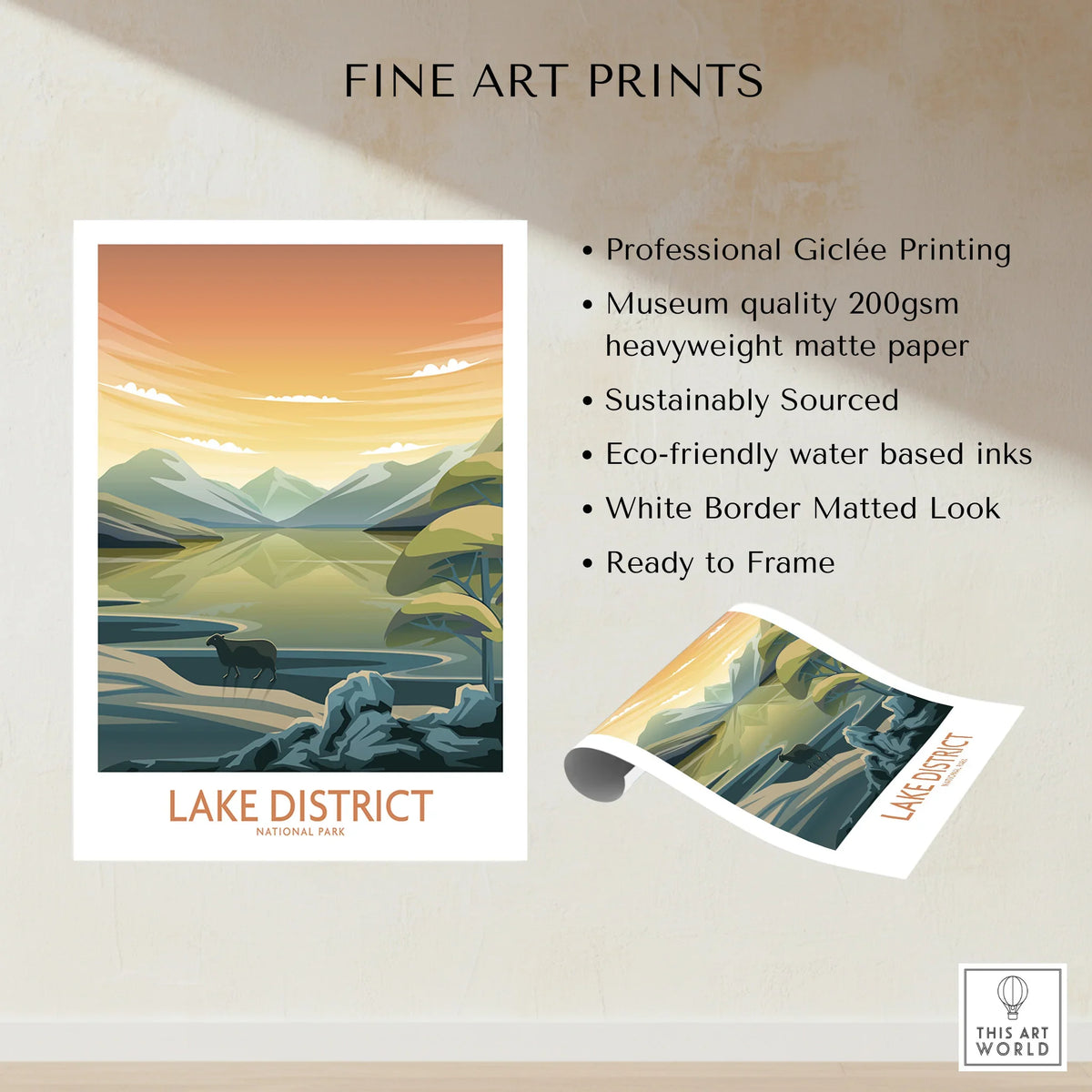 Lake District National Park fine art print with mountains, lake, and deer, unframed poster