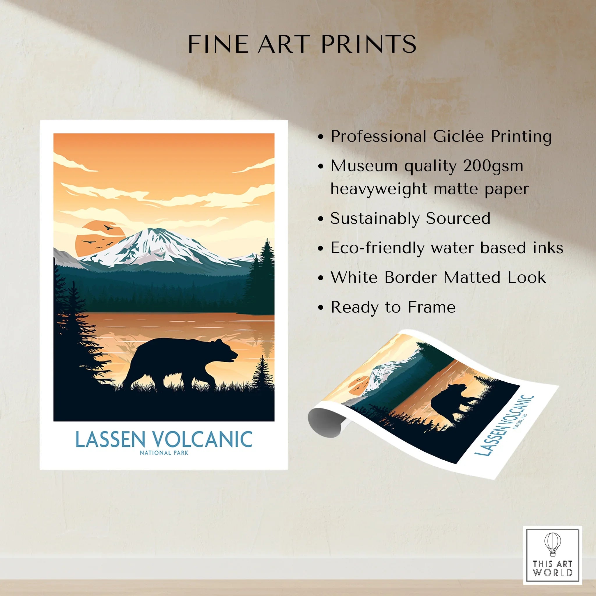 Lassen Volcanic National Park fine art print with bear silhouette, mountain, and lake at sunset.