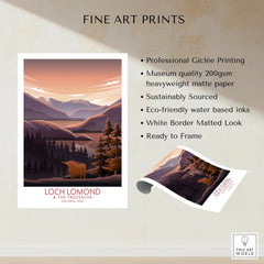 Loch Lomond and The Trossachs National Park art print showing mountains, lake, and Highland cow