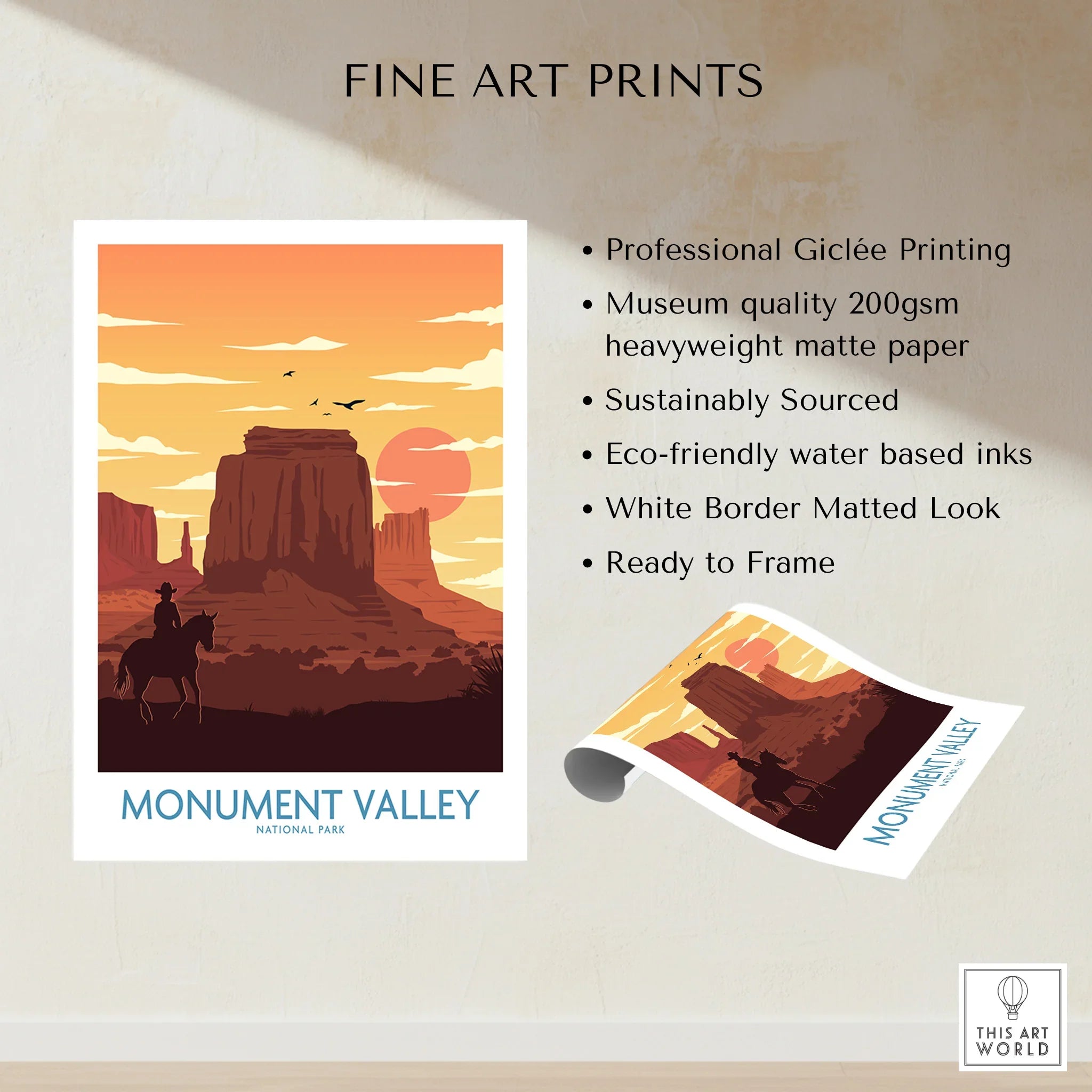 Monument Valley National Park art print with cowboy silhouette, sunset, and butte landscape