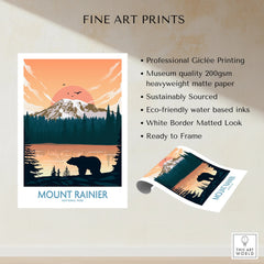 Mount Rainier National Park art print with bear silhouette, sunset, and pine forest, unframed.