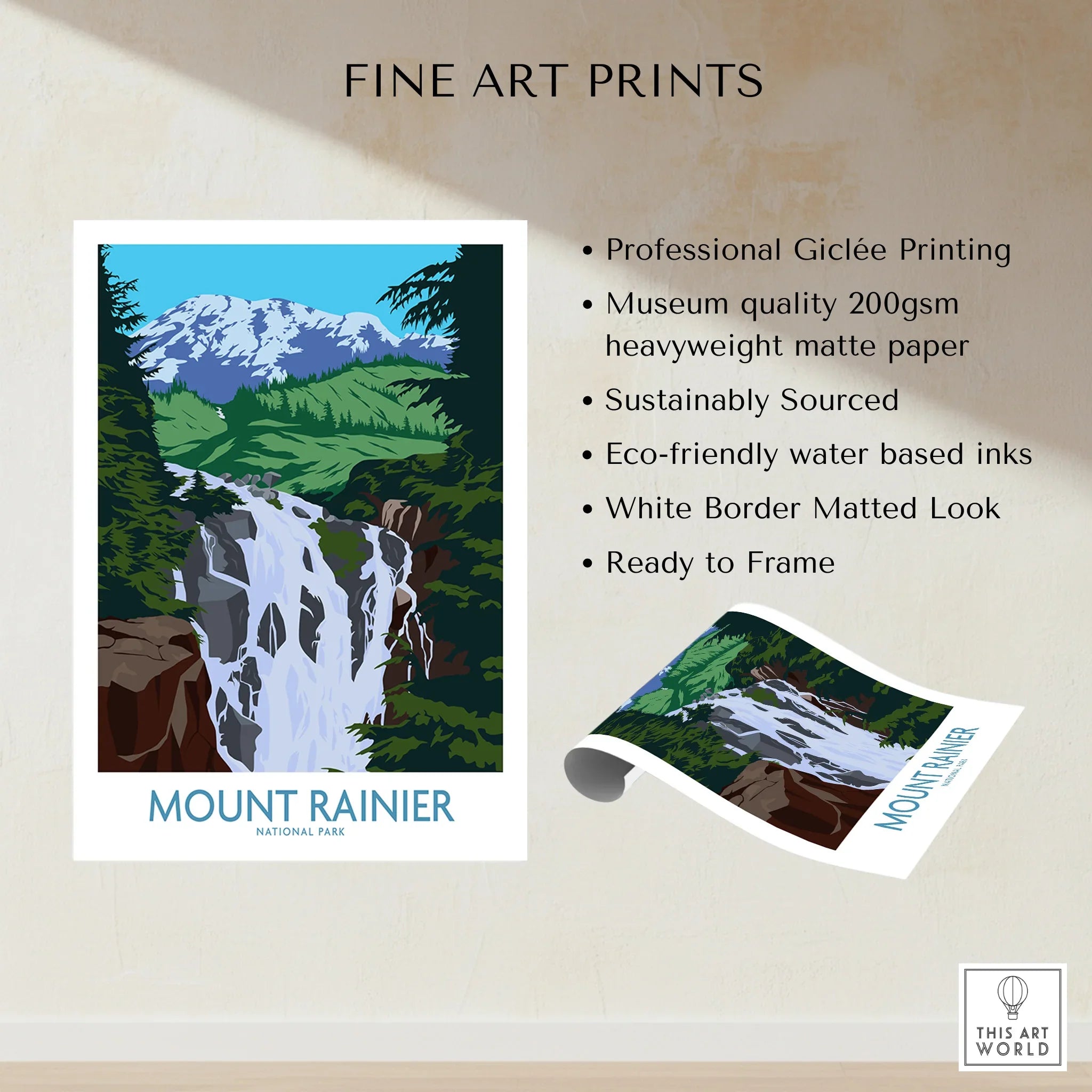 Mount Rainier National Park fine art print with waterfall, snow-capped peak, and forest landscape