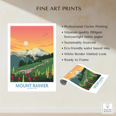 Mount Rainier National Park fine art print featuring snowy mountains, wildflowers, and sunset.