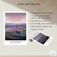 New Forest National Park art print with horse and pastel landscape, eco-friendly matte poster