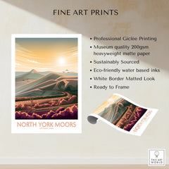 North York Moors National Park fine art print, sunrise landscape with rolling hills and deer.