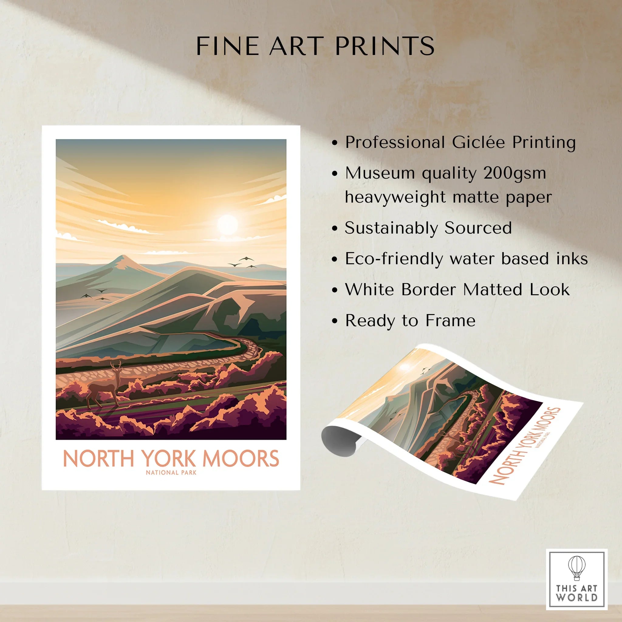 North York Moors National Park fine art print, sunrise landscape with rolling hills and deer.