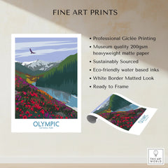 Olympic National Park fine art print with mountain, forest, wildflowers, and river scene
