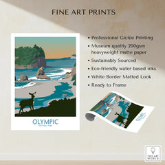 Olympic National Park fine art print with deer, ocean, and coastal landscape, unframed quality details