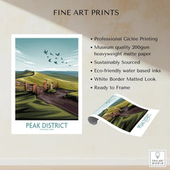 Peak District National Park art print with birds, rolling hills, and wooden gate, unframed