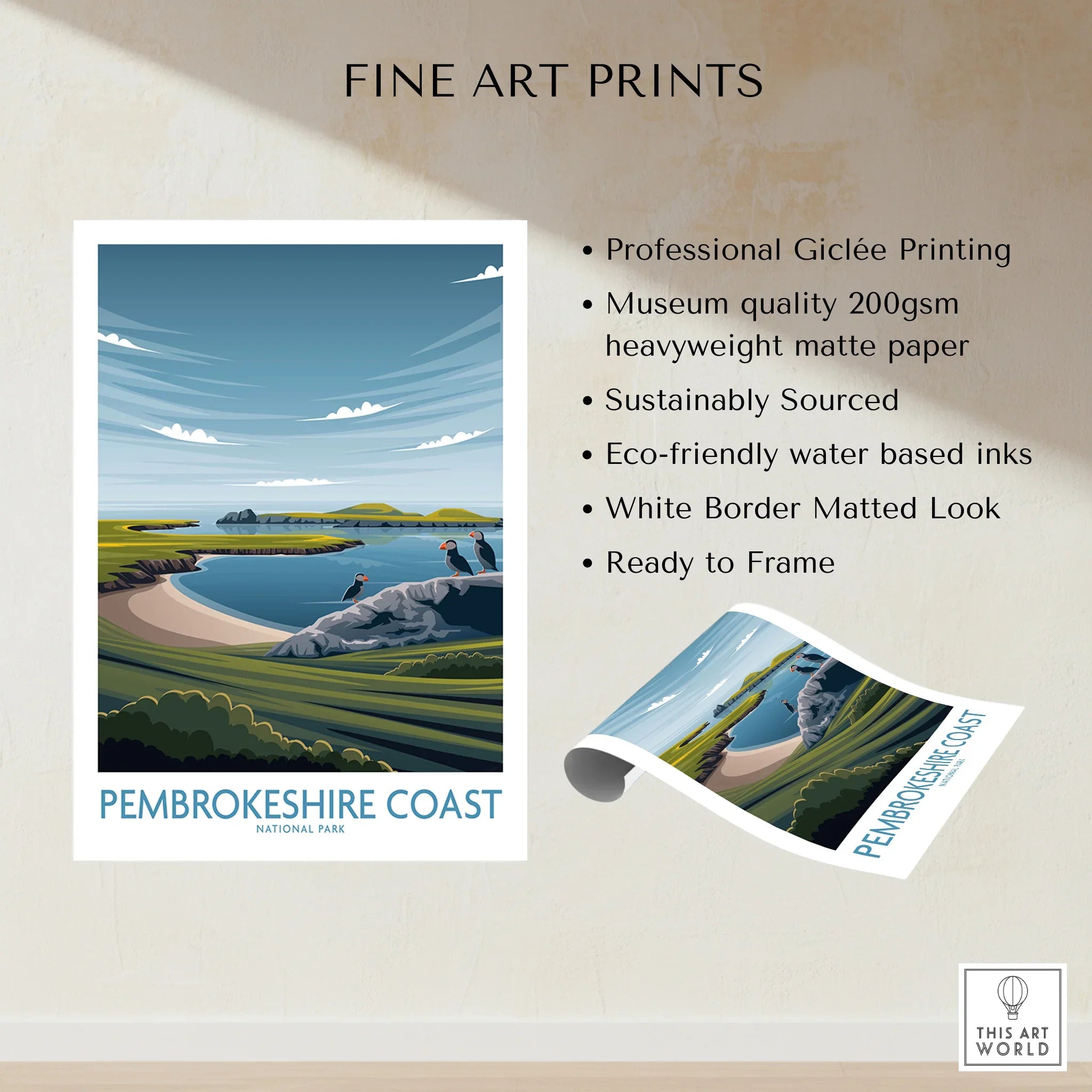 Pembrokeshire Coast National Park fine art print with scenic landscape and puffins.