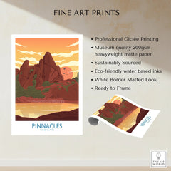 Pinnacles National Park travel poster art print with sunset, rocky landscape, and lake.