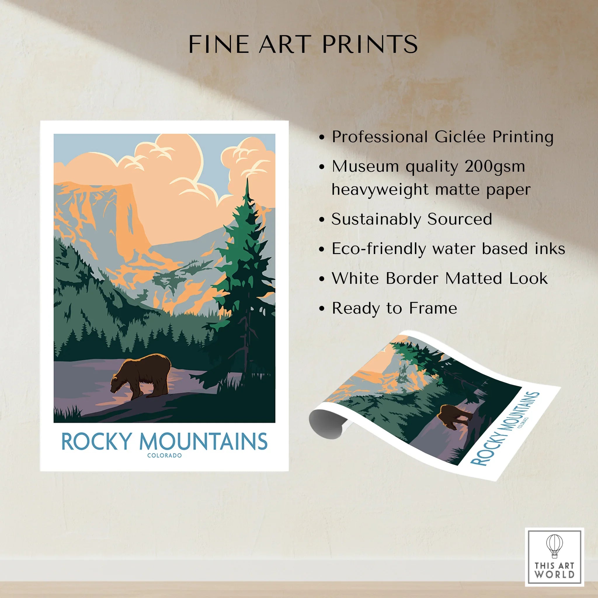 Rocky Mountains art print with bear, pine trees, orange sky, unframed fine art poster details shown.