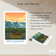 Rocky Mountain National Park fine art print with elk, wildflowers, and snow-capped peaks.