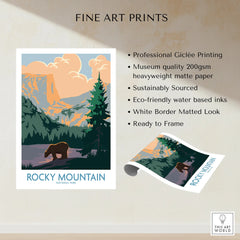 Rocky Mountain National Park poster with bear, pine trees, and mountain landscape art print