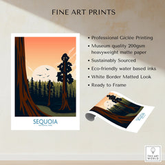 Sequoia National Park fine art print with sunset, tall trees, and white border, unframed.