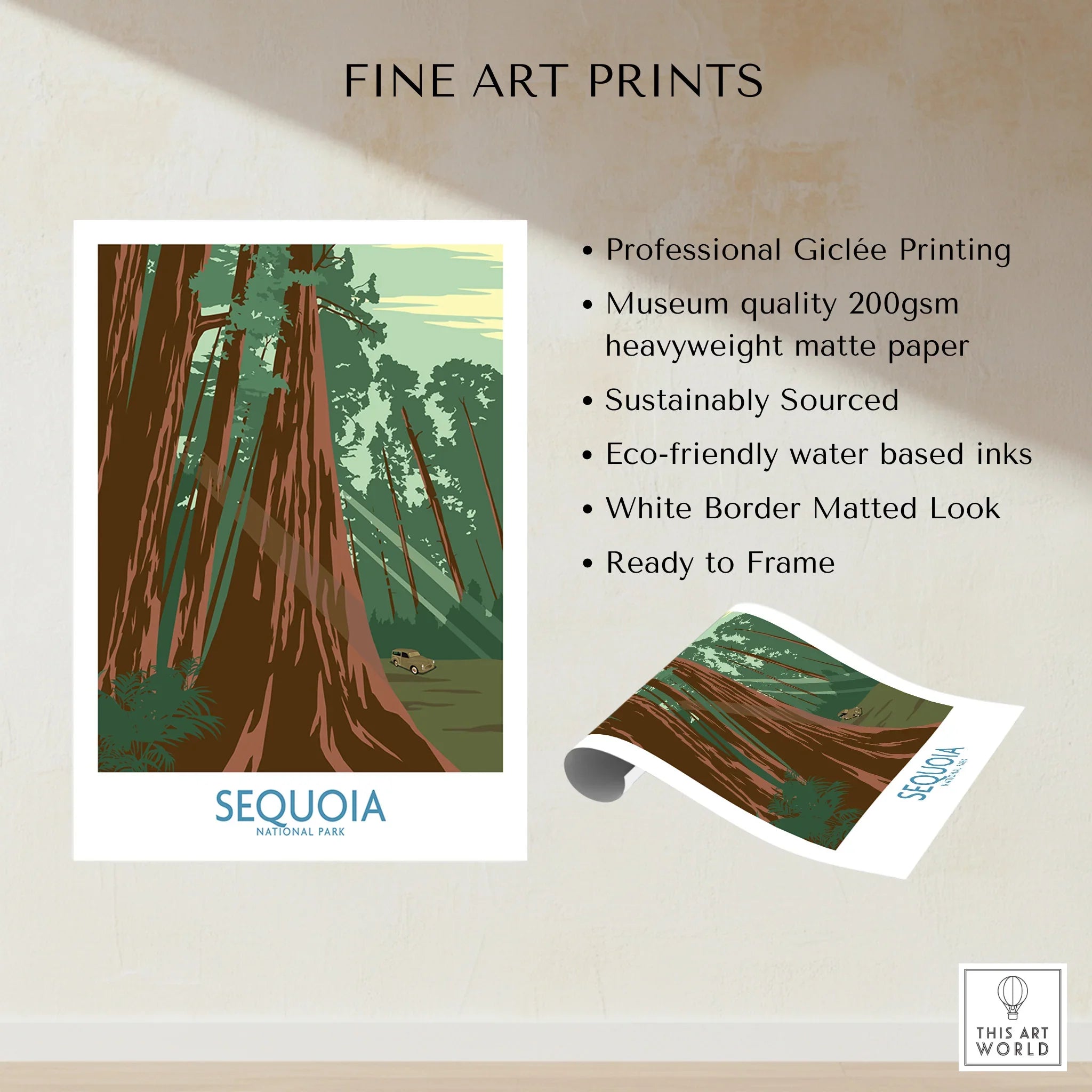 Sequoia National Park fine art print with forest illustration, heavyweight matte paper.
