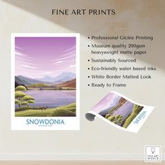 Snowdonia National Park art print with purple mountains, lake, and fine art print features listed.