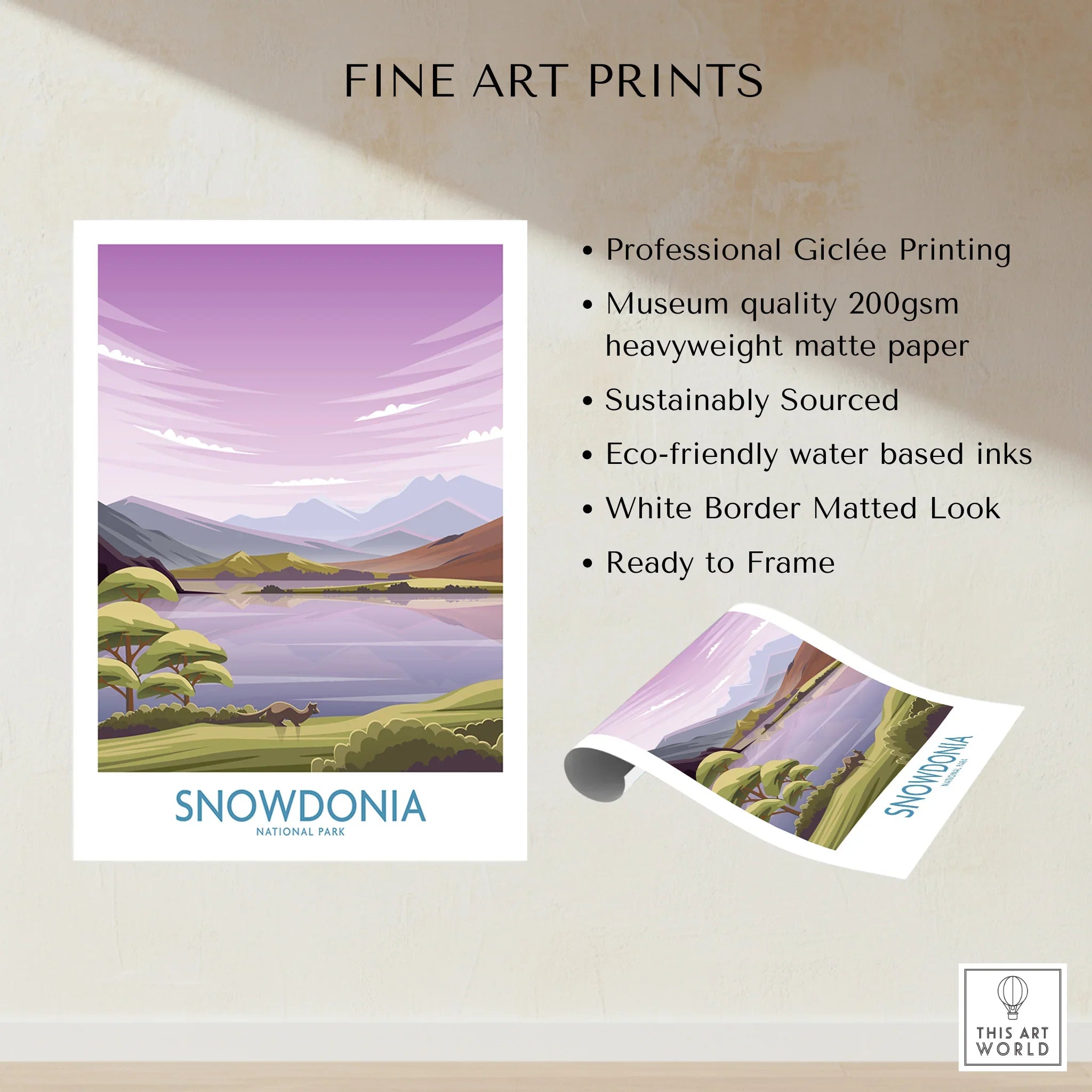 Snowdonia National Park art print with purple mountains, lake, and fine art print features listed.