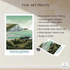 South Downs National Park art print with cliffs, sea, and cottages, unframed fine art poster
