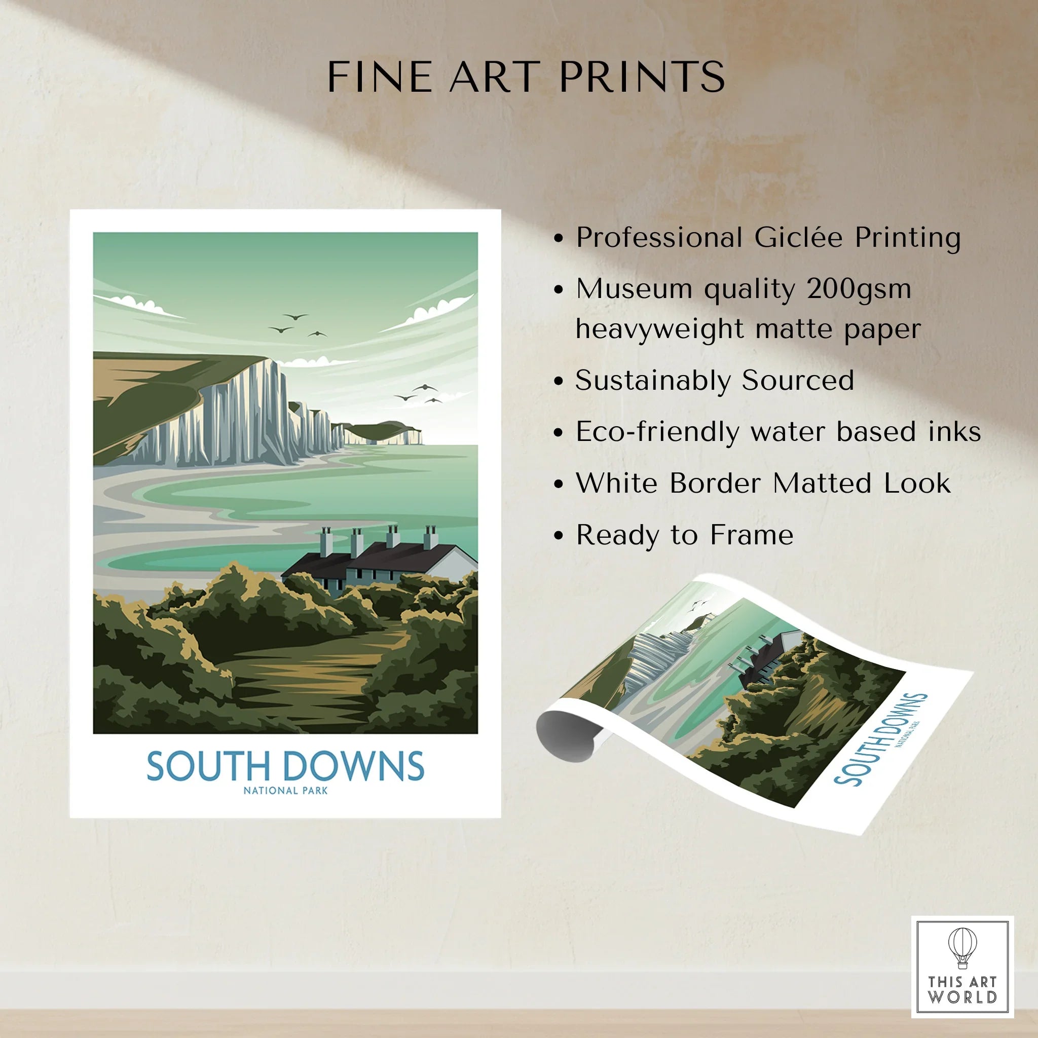 South Downs National Park art print with cliffs, sea, and cottages, unframed fine art poster