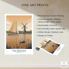 Unframed fine art print of The Broads National Park with sailboat, windmill, and swan.