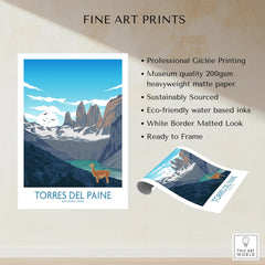 Torres del Paine fine art print with mountain landscape and guanaco, unframed wall art.