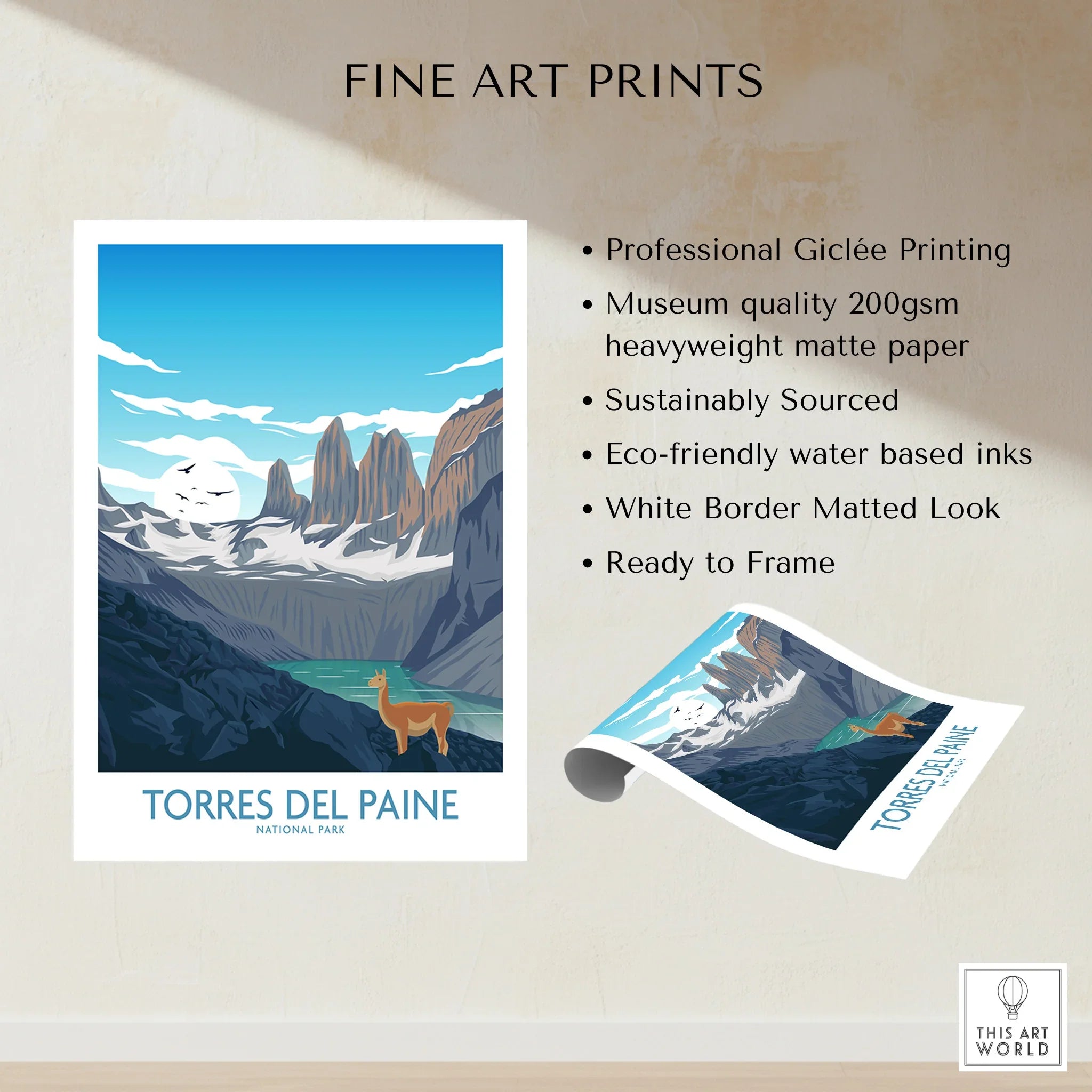 Torres del Paine fine art print with mountain landscape and guanaco, unframed wall art.