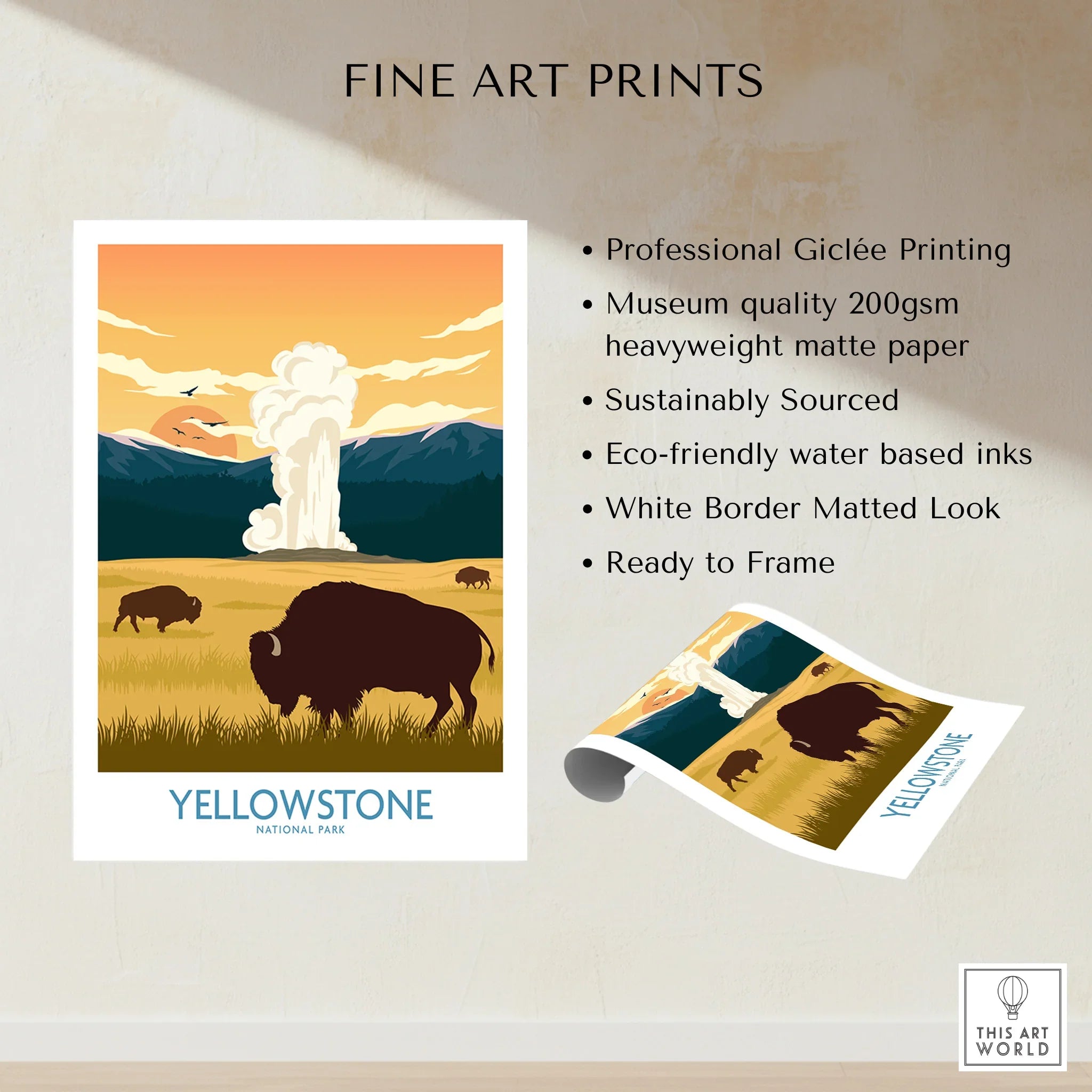 Yellowstone National Park art print with bison, mountains, and geyser, unframed wall decor.
