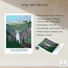 Yellowstone National Park fine art print featuring a waterfall, forest, and bear.