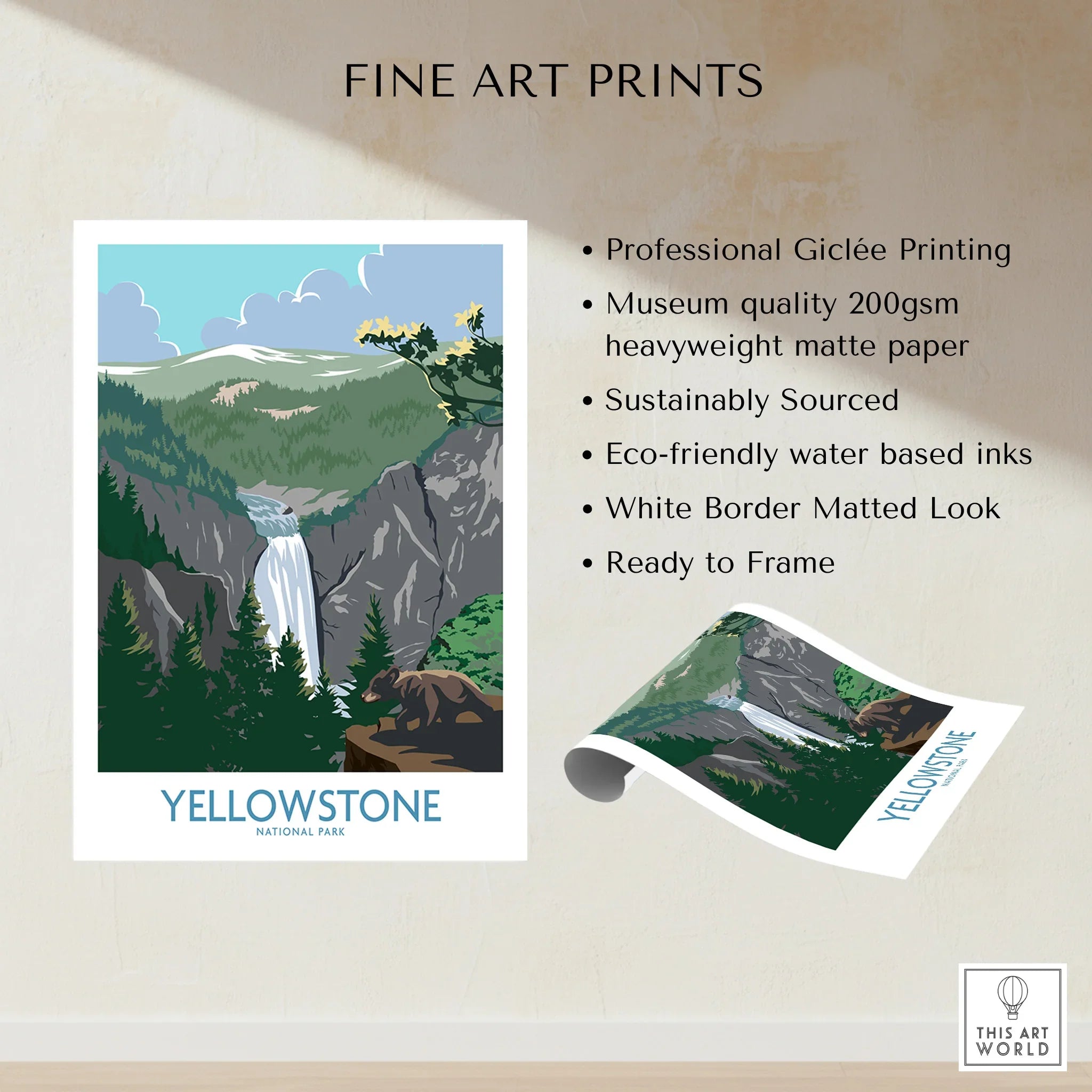 Yellowstone National Park fine art print featuring a waterfall, forest, and bear.