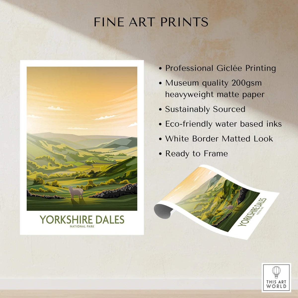Yorkshire Dales National Park fine art print with rolling green hills and a sheep at sunset