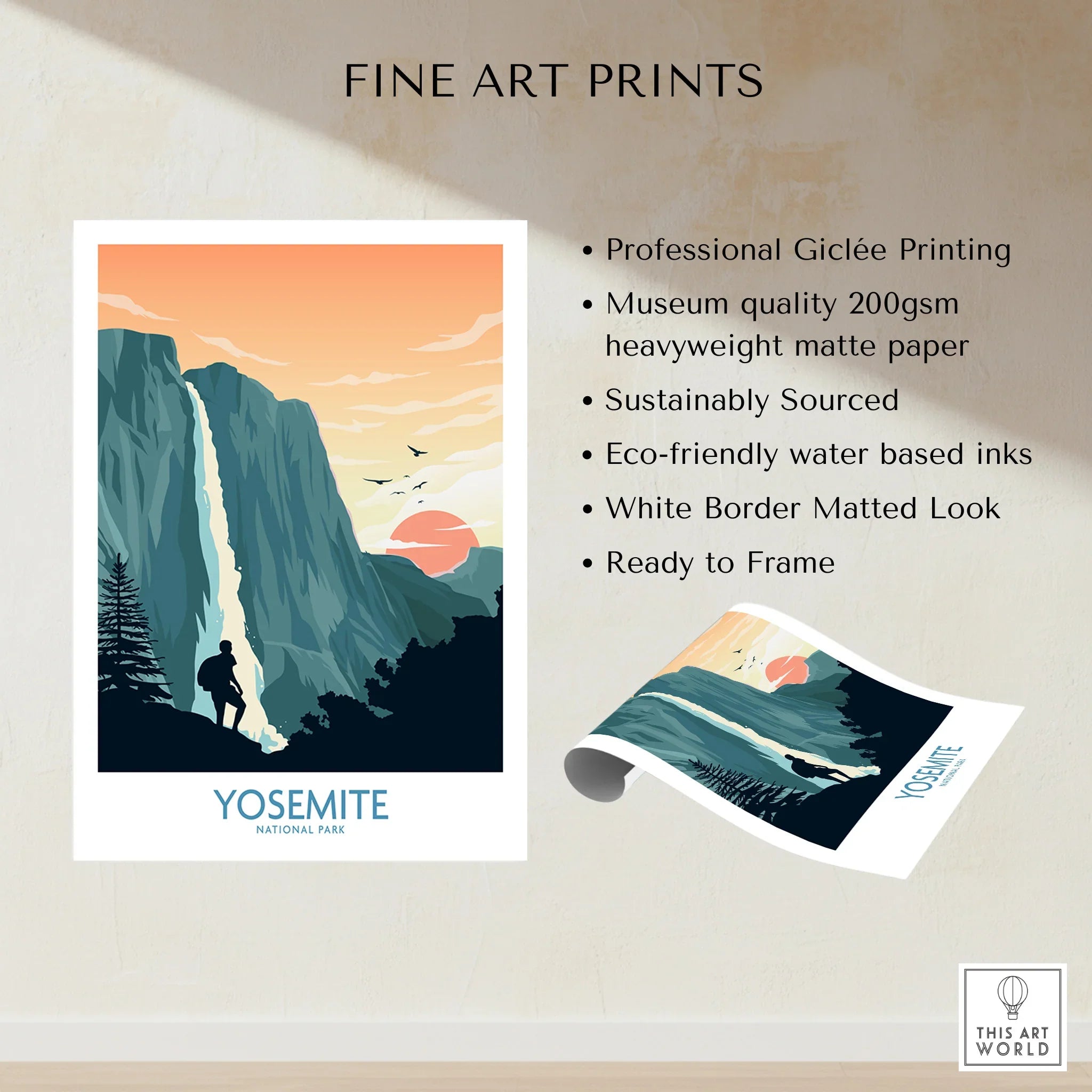 Yosemite National Park art print with waterfall, hiker, mountain sunset, modern wall decor.