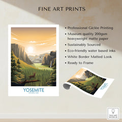 Yosemite National Park fine art print with scenic valley, deer, mountains, and sunset.
