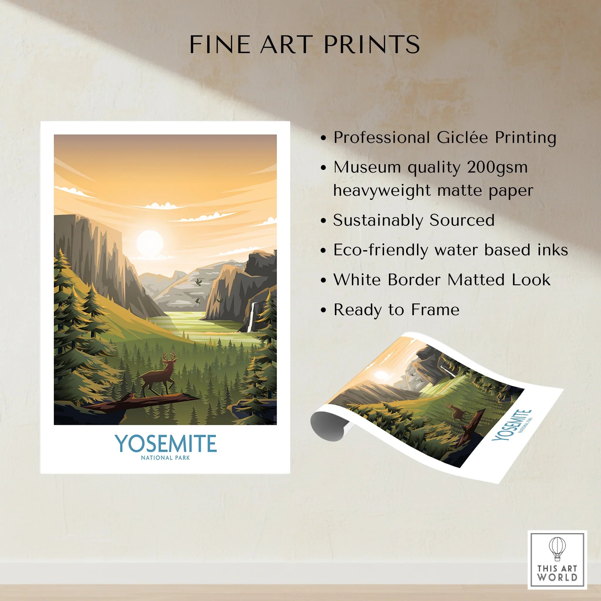 Yosemite National Park fine art print with scenic valley, deer, mountains, and sunset.