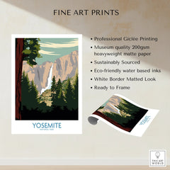 Yosemite National Park art print with waterfall, pine trees, and quality fine art print features