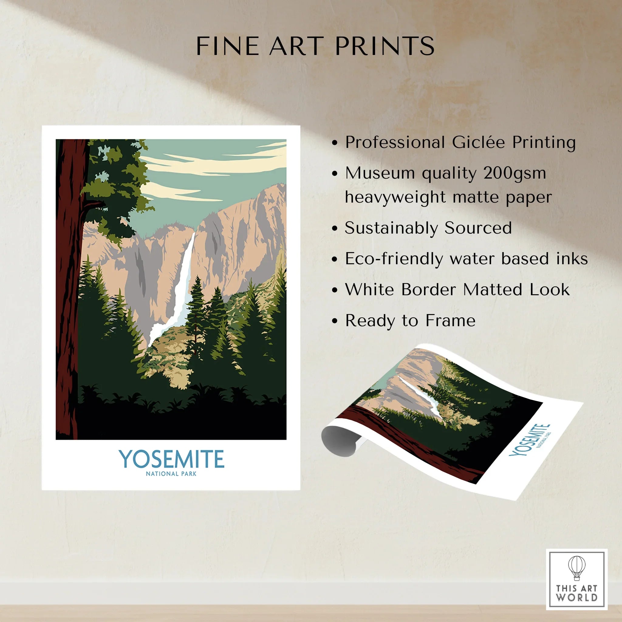 Yosemite National Park art print with waterfall, pine trees, and quality fine art print features