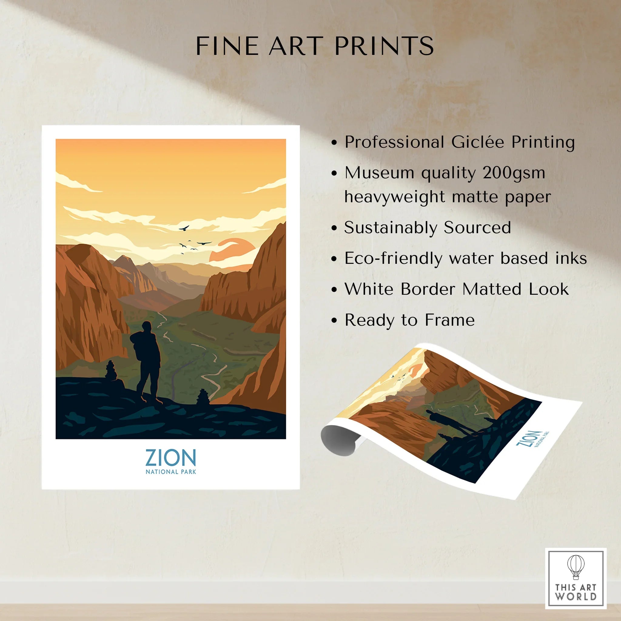 Zion National Park fine art print with hiker silhouette, sunset canyon landscape, unframed poster