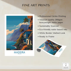 Madeira Portugal fine art print showing coastal villa, ocean, and mountains with vibrant colors
