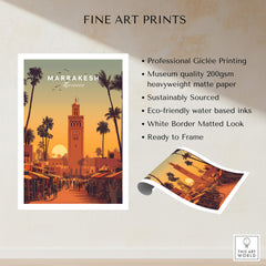 Marrakesh Morocco Wall Art Print | Koutoubia Mosque Travel Posters showcasing vibrant street life and architecture.