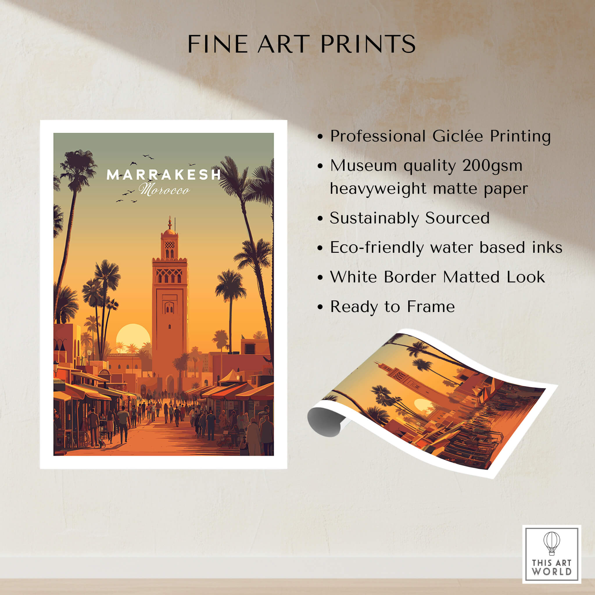 Marrakesh Morocco Wall Art Print | Koutoubia Mosque Travel Posters showcasing vibrant street life and architecture.