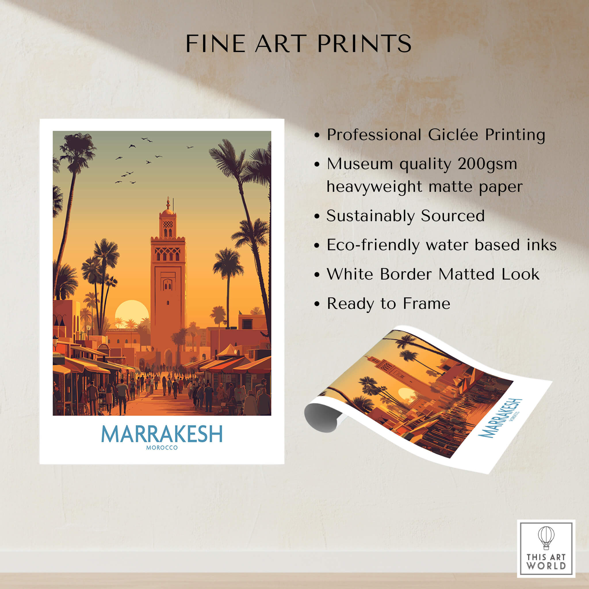 Marrakesh Morocco Posters | Historic Medina Sunset Canvas Print showcasing fine art details and professional Giclée printing.