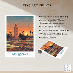Marrakesh Morocco Canvas Art Print | Jemaa el-Fnaa Market Scene Poster with vibrant sunset imagery and details.