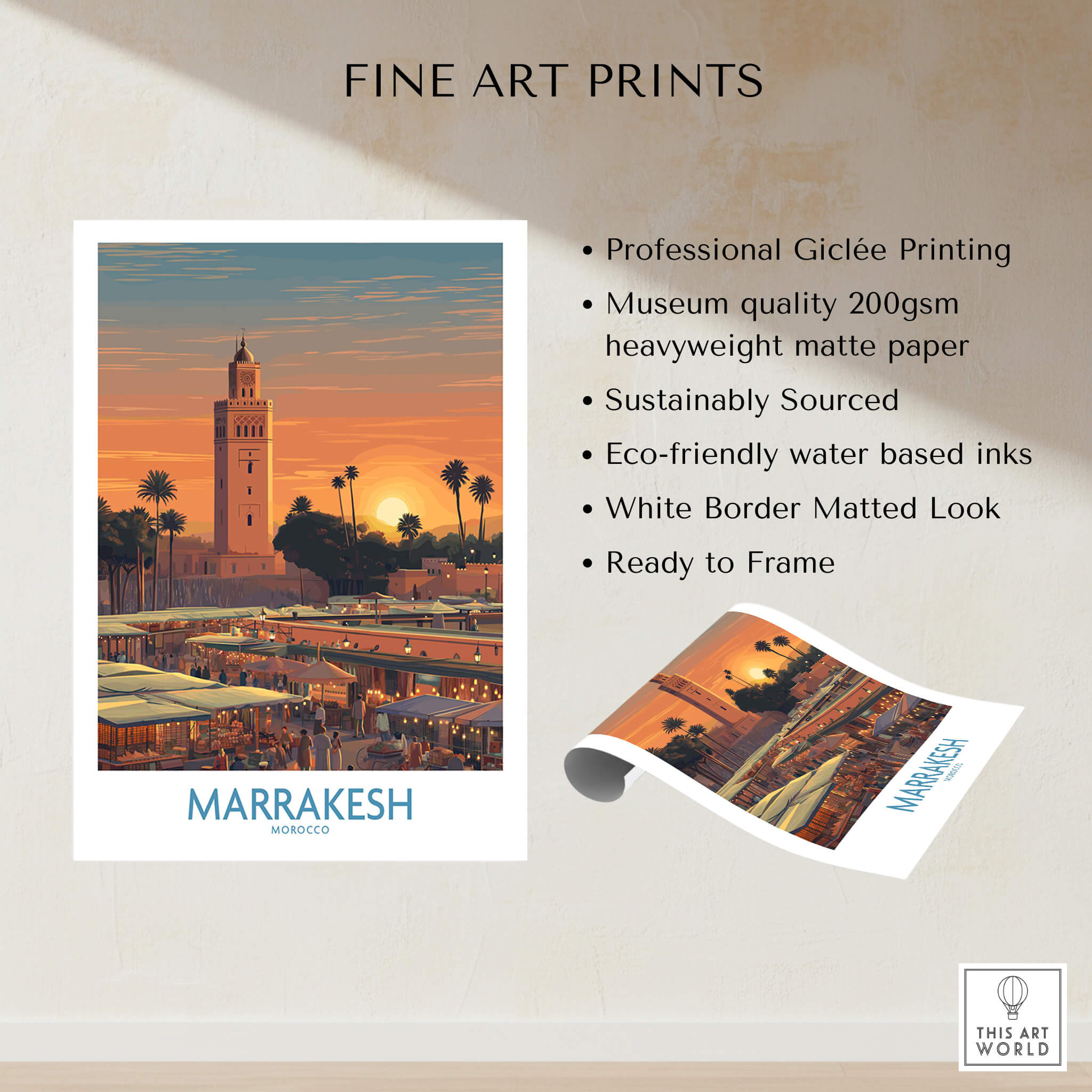 Marrakesh Morocco Canvas Art Print | Jemaa el-Fnaa Market Scene Poster with vibrant sunset imagery and details.