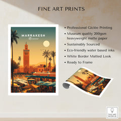 Marrakesh Morocco Wall Art Print | Bustling City Market Travel Posters with vibrant market scene and sunset.