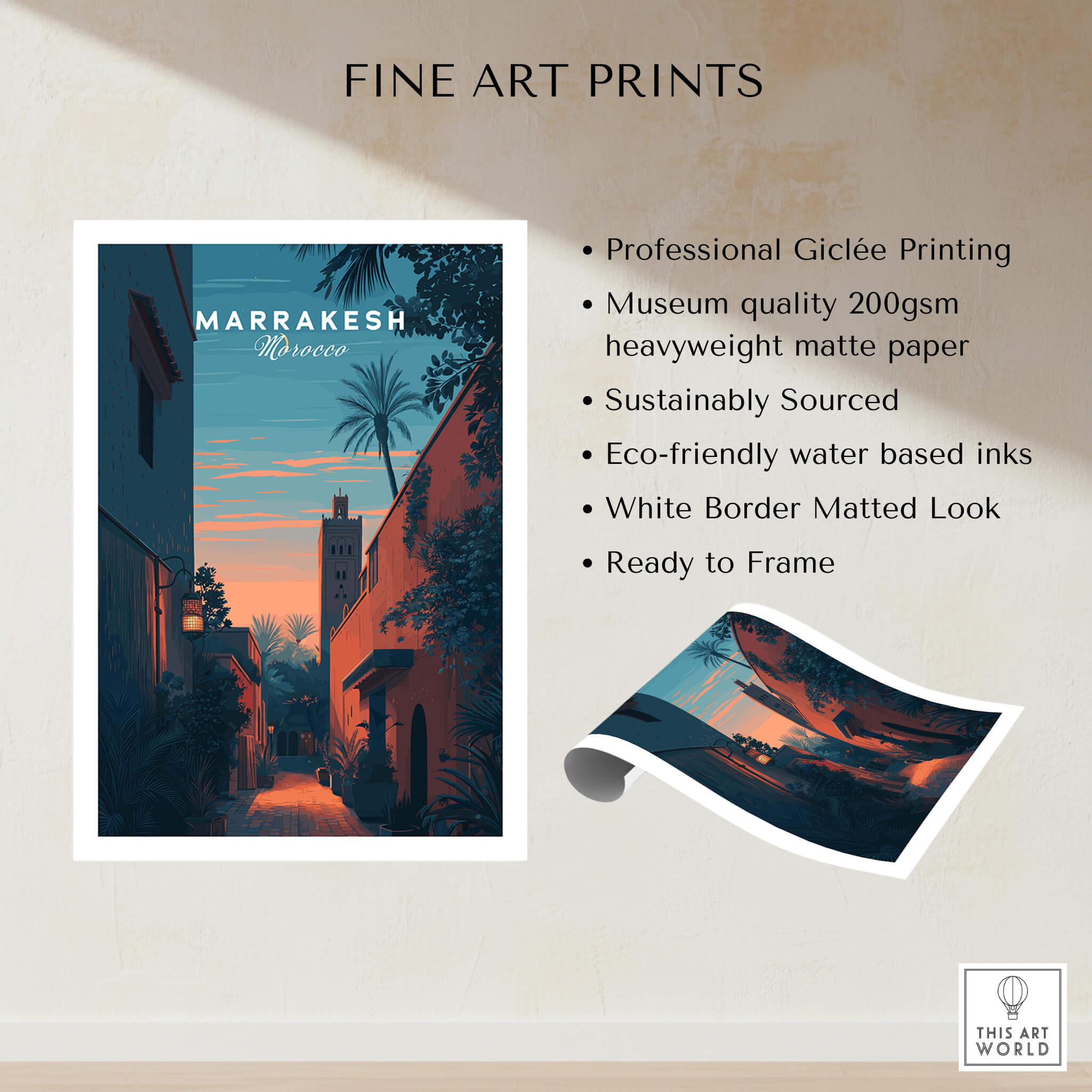 Marrakesh Morocco Travel Poster | Medina Alleyway Twilight Wall Art Print showcasing professional Giclée printing.