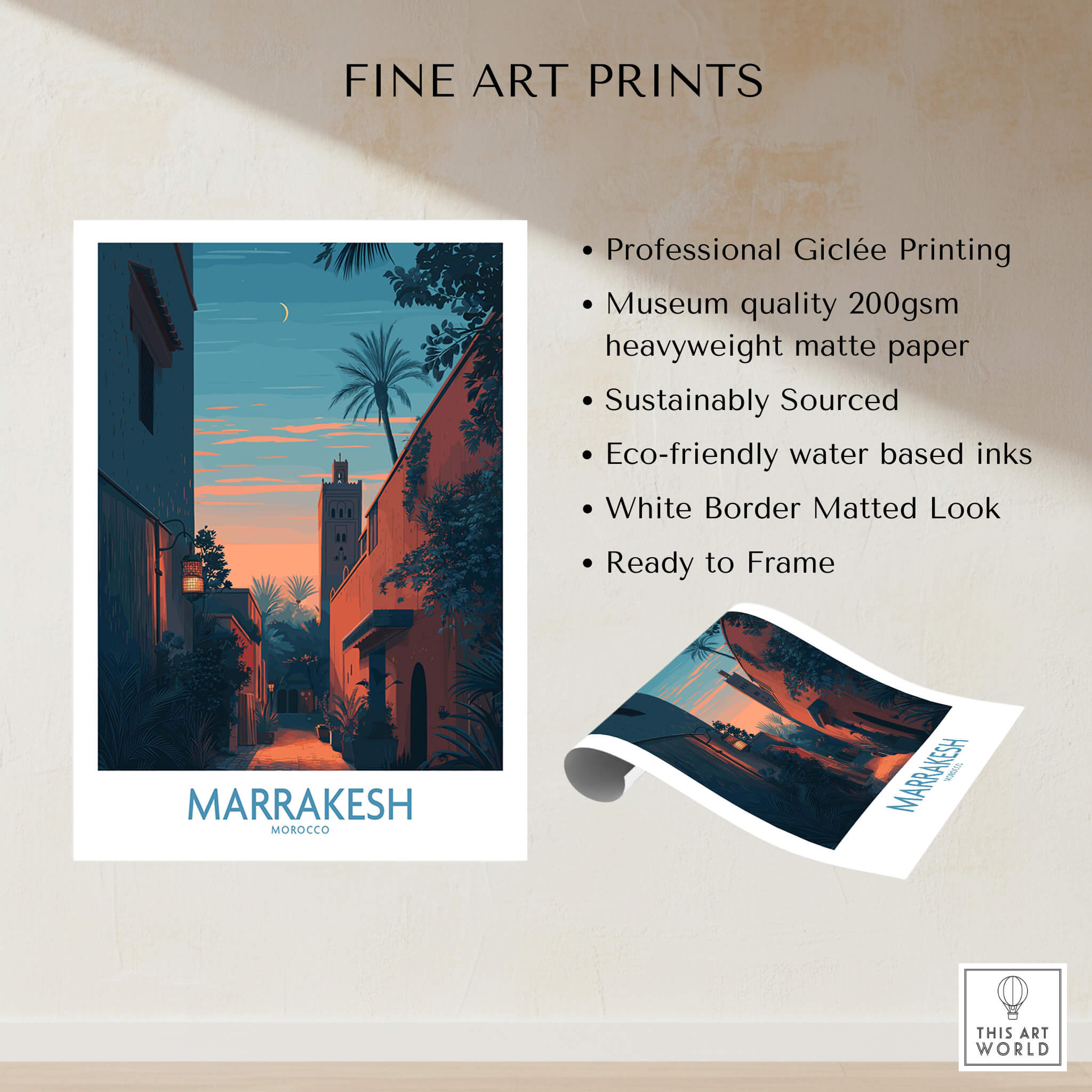 Marrakesh Morocco Canvas Print | Cityscape Poster showcasing professional Giclée printing and museum quality features.