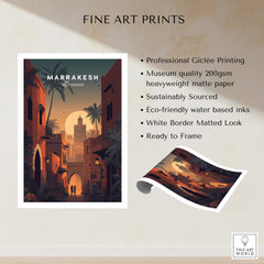 Marrakesh Morocco Wall Art Print | Sunset Medina Alleyway Travel Poster features professional Giclée printing on matte paper.